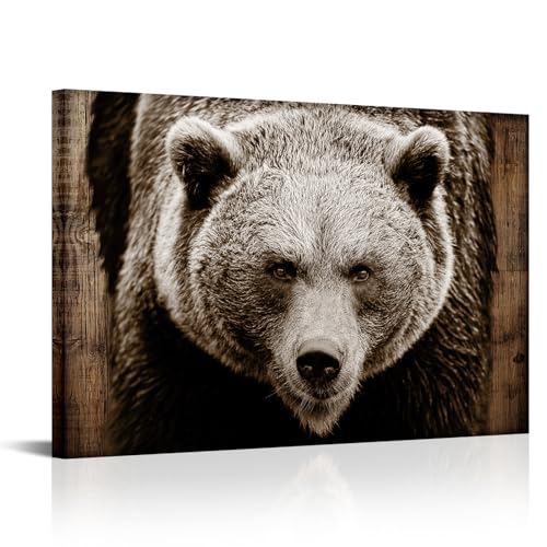 iKNOW FOTO Lienzo decorativo para pared de oso grizzly de 24 x 36 pulgadas, impresión vintage de oso marrón para decoración del hogar y la cocina, imagen moderna de animales