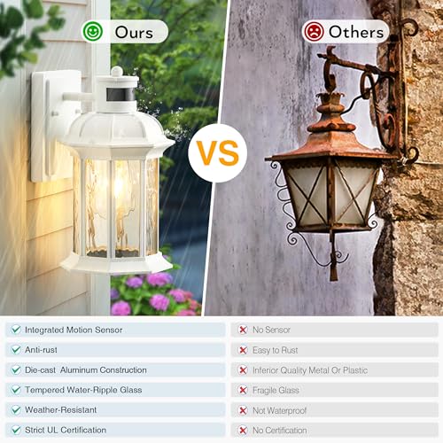 vianis white motion sensor exterior wall light lantern modern dusk to dawn outdoor porch light fixtures wall mount waterproof outdoor wall sconce for garage entrance with tempered water-ripple glass