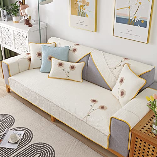 Vctops 3D Sunflower Sofa Couch Cover Floral Pattern Cotton Quilted Sectional Couch Covers Non Slip Sofa Slipcover For Dogs, Children, Pets Furniture Protector (Cream,36"X94") #TOP20