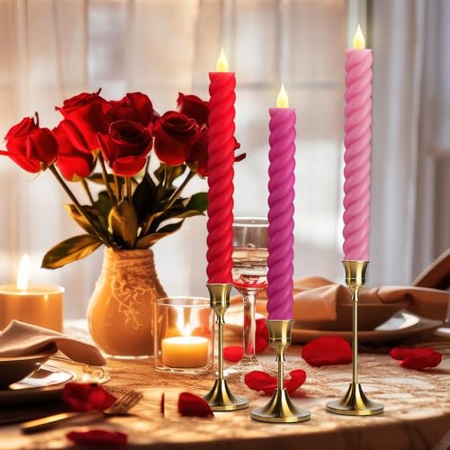 Image of Baquler 6 Pcs Flameless Taper Candle Pink and Red Twisted LED 9.65 Inch Taper Candles Battery Operated Twisted Candlestick for Spring Birthday Home Party Dinner Table Decor