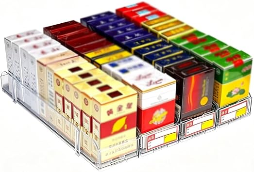 exproyzk 10pcs Tobacco Acrylic Display Shelves, Matchbook Organize Case, Clear Display Stand Rack with Automatic Pushers for Retail, Market Store8x32cm