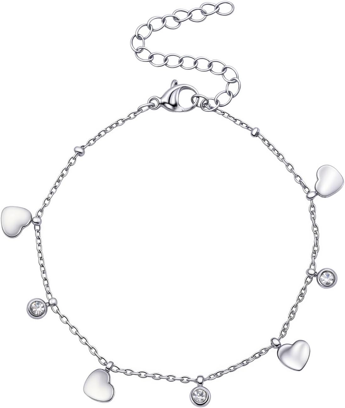 Hypoallergenic Heart Charm Bracelet for Women - Adjustable Silver Chain with Sparkling Charms, Elegant Jewelry for Everyday & Valentine’s Day Gifts