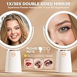 Auxmir 30X Magnifying Mirror with Light, 2000mAh Rechargeable 30X/1X Double-sided Makeup Mirror with 3 Colors, Stepless Dimmable Standing Mirrors with Tweezer, 360° Rotating Vanity Mirrors for Bedroom - Image 2