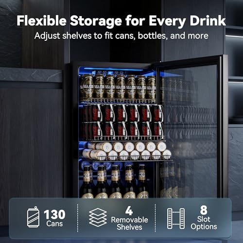 Manastin Beverage Refrigerator Cooler-130 Cans Freestanding Mini Fridge Cooler with Glass Door, Adjustable Shelves & Digital Temperature Display for Soda, Wine or Beer (Black, 3.2 Cu.Ft)