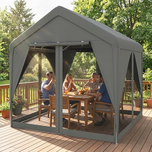 Outsunny 3 x 3 m Outdoor Gazebo, Garden Canopy Shelter with Curtains and Netting, Pitched Roof, Galvanised Steel Frame for Lawn, Deck, and Backyard, Dark Grey - Image 9