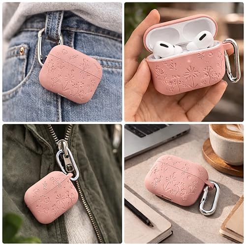 Image of Emoh Roced Case for Airpods Pro 3,Silicone Flower Engraved Cases Compatible with Apple AirPods Pro 3rd Generation 2025, Shockproof, Anti-Scratch, Protective Case Cover (Pink, for AirPods pro 3)