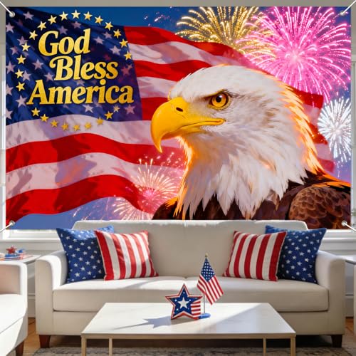 Image of IVN God Bless America Backdrop Banner 71 x 43 Inch Patriotic Bald Eagle USA Flag Fireworks Background Photo Booth Backdrop 4th of July Independence Day Memorial Day Veterans Day Indoor Outdoor Decor