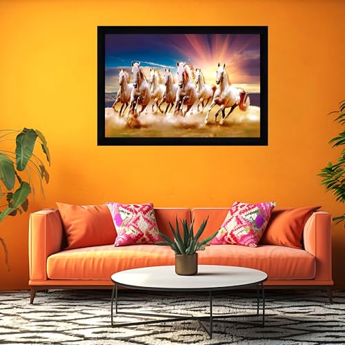 Image of Indianara Vastu Running Seven Horse Painting With Frame 20 Inches X 14 Inches (Style 8)