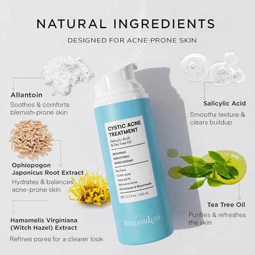 Image of BellamiLuxx Acne Lotion for Face: Acne Cream for Teens & Adults - Salicylic Acid & Tea Tree Oil Pimple Spot Remover - Anti-Acne Moisturizer Reduces Redness, Blemishes