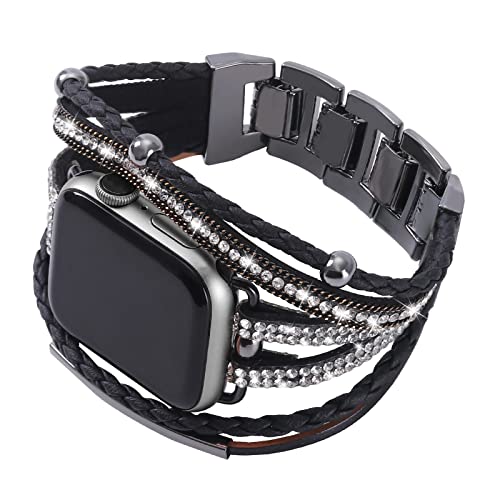 YOSWAN Leather Bracelet Compatible with Apple Watch Band 38mm 40mm 41mm women, Dressy Boho Bling Jewelry Multilayer Wrap Strap for iwatch Series 7 SE 6 5 4 3 2 1 (Bling Black)