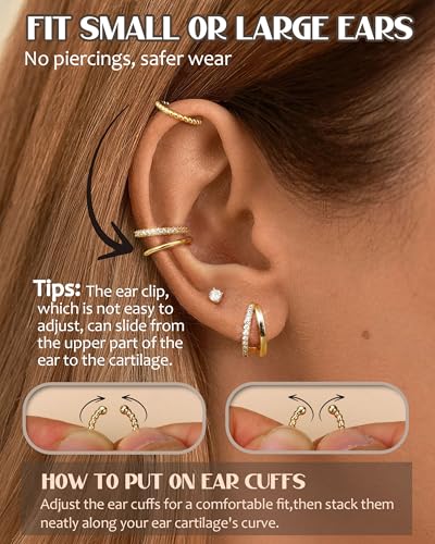 CASSIECA Small Ear Cuffs Earrings for Women - Hypoallergenic 14K Gold Earrings Stack Sets for Sensitive Ears Dainty Stud Hoop Earring Clip on Cartilage Tragus Helix Earings Set Trendy Jewelry 5 Pairs 5