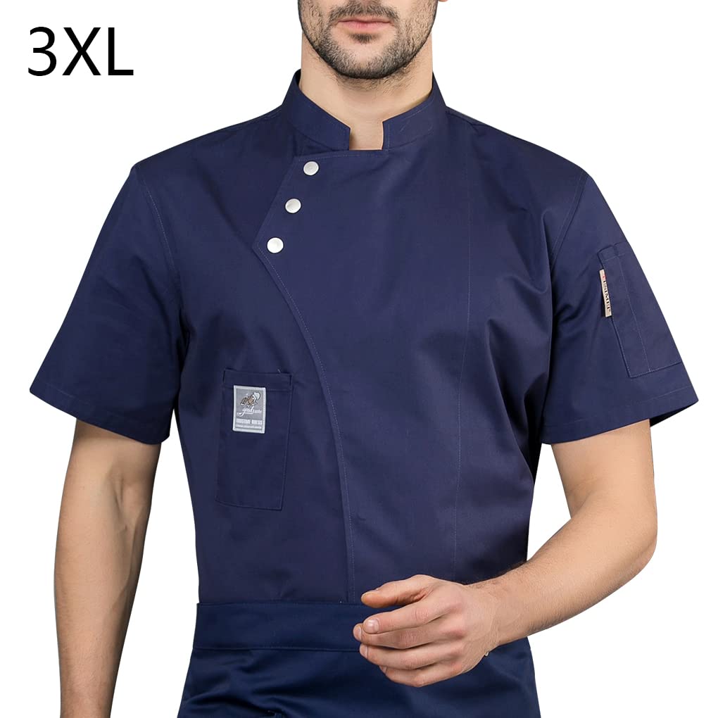 Chaqueta de chef, delantal de cocina, tres botones con bolsillos delanteros, ropa de verano, suministros de cocina para parrilla, restaurante, azul, XL