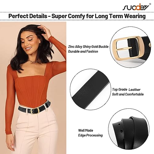 Image of SUOSDEY Fashion Womens Leather Belt, Soft Waist Belt with Pin Buckle for Jeans Pants,width 1.3 inch, 05-black (Gold Buckle), Small: fits waist from 25 inch-30 inch