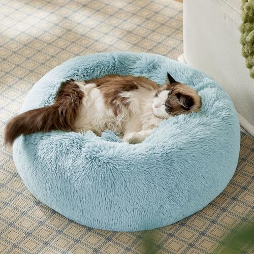 Image of Bedsure Calming Cat Beds for Indoor Cats - Small Cat Bed Washable 20 inches, Anti-Slip Round Fluffy Plush Faux Fur Pet Bed, Fits up to 15 lbs Pets, Aqua Blue