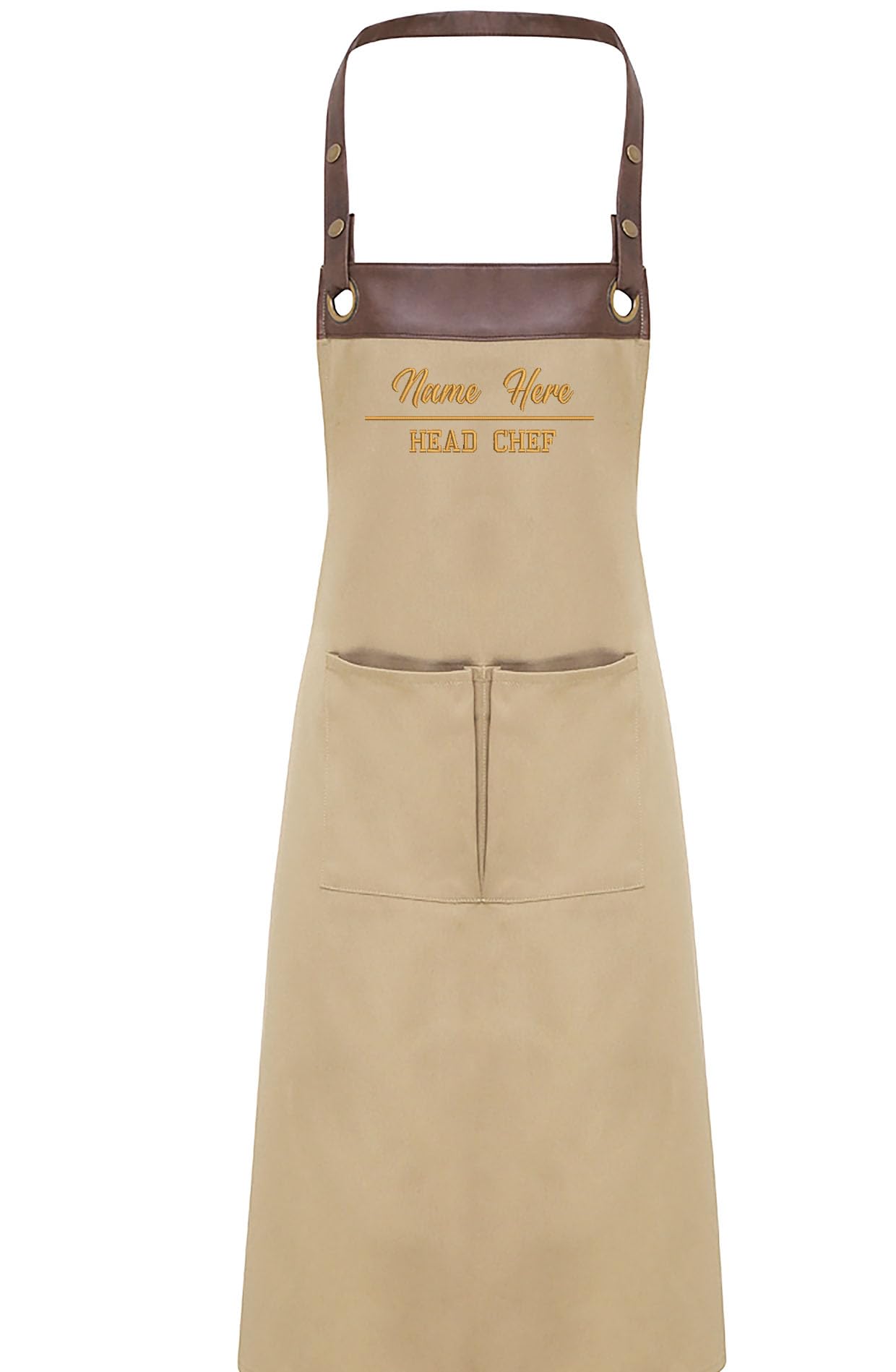 Stylish Faux leather trim Unisex Embroidered Apron Personalised Apron Cook, Baking, Apron With Pockets Head Chef Apron (Tan Brown)