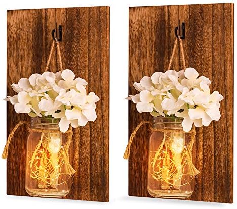 Mason Jar Sconce for Home Decor, Rustic Mason Wall Scones with Fairy LED String Lights & Flowers, Decorative Hanging Wall Scone for House Patio Garden Decoration (Set of 2)