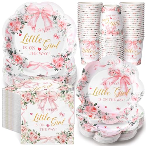 Newtay 250 Pcs a Sweet Little Girl Is on The Way Baby Shower Plates Napkins