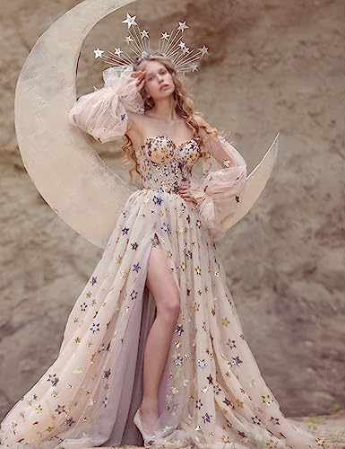 Women's Fairy Sparkle Star Wedding Dress Detachable Puff Sleeves Corset Bodice High Slit Formal Party Prom Dress4