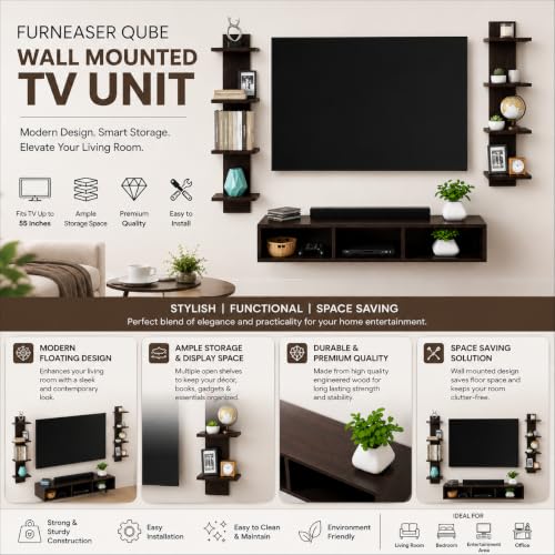 Image of FURNEASER Qube Wall Mounted TV Unit for Living Room | TV Entertainment Center for TVs 32 to 55 Inch | Floating TV Stand with Storage Shelves & Set Top Box Rack | Wall Shelf for Living Room