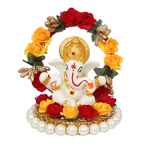 eCraftIndia Resin Lord Ganesha Idol On Decorative Rose Flower Plate| Ganesha Idol for Home Decor Car Dashboard| Ganesha Statue| Ganesh Murti| Ganpati Murti God Statue Gift for Diwali Housewarming