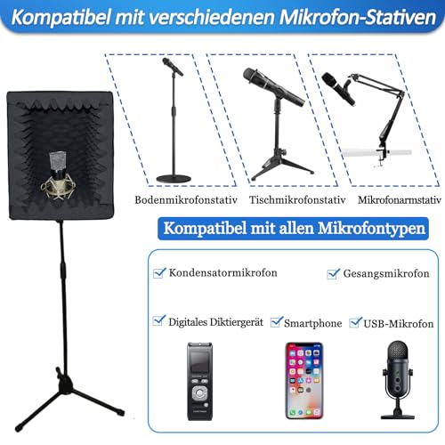 BXI Tragbare Schallaufnahme-Vokalkabine - |Reflexionsfilter & Mikrofon-Isolationsschild| - |Großer, faltbarer, ständermontierbarer, super dichter schalldämmender Schaumstoff