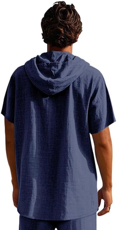 LIZALIG Men's Casual Linen Blend Shirt Short Sleeve Hooded Pullover 1/4 Button Henley Shirt for Vacation and Daily Wear - Image 2