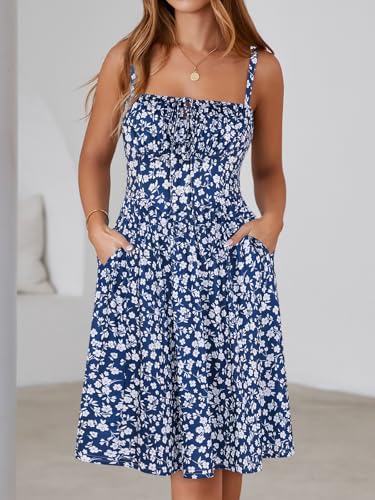 Image of YATHON Summer Mini Corset Sun Dress for Women Short Casual Square Neck Lace Up Floral Beach Vacation Dresses with Pockets