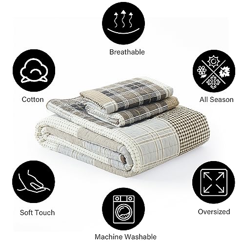 Image of PANGUSHAN 100% Cotton Quilt Set King Size, King Size Farmhouse Plaid Patchwork Reversible Rustic Quilt Bedding Set Quilted Bedspread Lightweight Comforter for King Bed, 3pcs, Gray /Cream /Beige