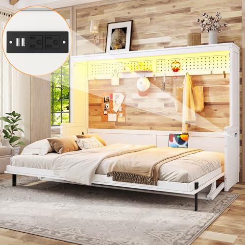 Image of KEIKI Queen Size Horizontal Cabinet Murphy Bed with Desk, Solid Slat, White | Foldable Hideaway Wall Bed Frame with USB Charging Station, No Box Spring Needed, Easy Assembly, for Bedroom, Guest Room