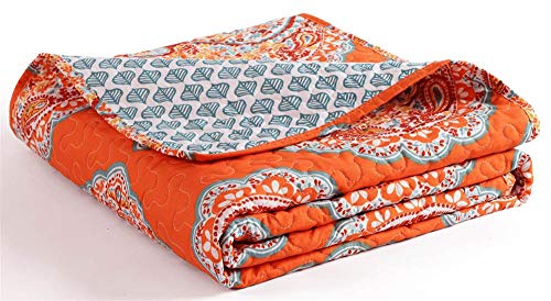 Lush Decor C37294P15-047 Harley Reversible Throw Blanket, 50 Inch W X 60 Inch L, Tangerine - Modern Bohemian Paisley Print - Quilted Colorful Blanket - Orange Throw Blanket - Boho Throw Blanket For Bed cover