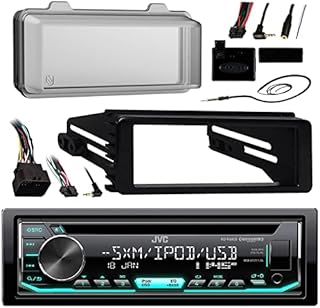 JVC KD-R690S Single DIN in-Dash CD/AM/FM Car Stereo Receiver Bundle Combo with Install Dash Kit + Handle Bar Control + Enrock Antenna for 98 2013 Harley Touring Flht Flhx Flhtc Motorcycle Bike
