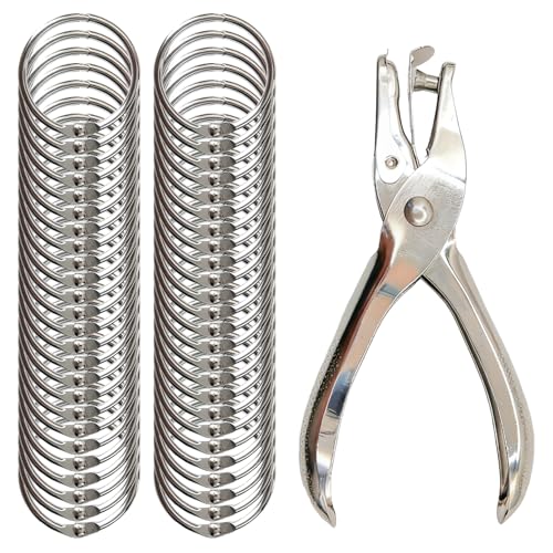 50pcs 1 inch Binder Rings for Index Cards with 1pcs Hole Puncher, 10 Colors Small Colorful Metal Steel Book Notebook Paper Rings for School Office Home (Silver)