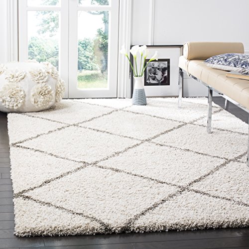 Image of SAFAVIEH Hudson Shag Collection Area Rug - 5' Square, Ivory & Grey, Modern Trellis Design, Non-Shedding & Easy Care, 2-inch Thick Ideal for High Traffic Areas in Living Room, Bedroom (SGH281A)