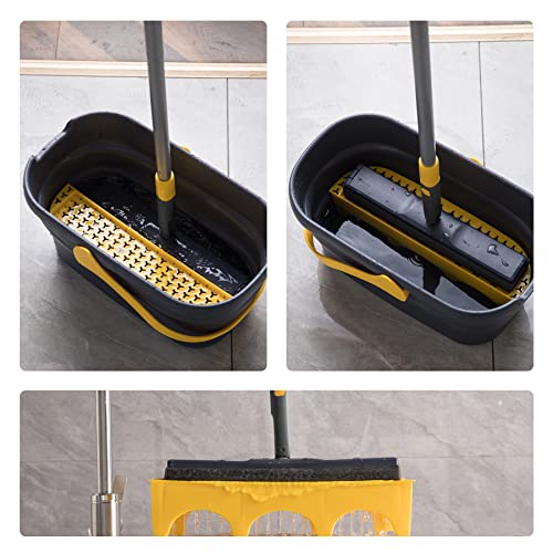 Yocada Mop And Bucket With Wringer Set Sponge Mop And Collapsible Bucket Kit For Home Commercial Tile Floor Bathroom Garage Cleaning With Total 2 Sponge Heads Easily Dry Wringing #TOP4