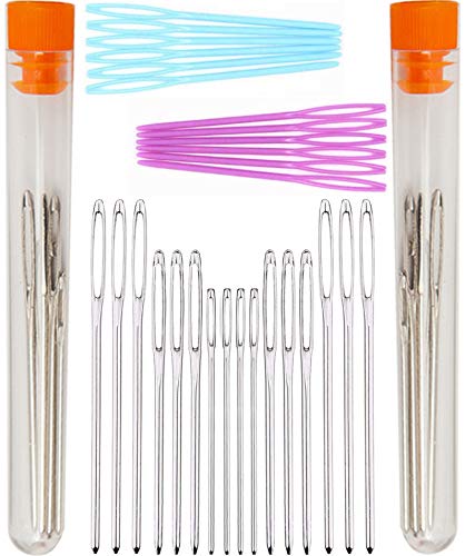 Large Eye Blunt Needles - LeBeila Steel Yarn Thread Knitting Needle, Large-Eye Sewing Needles for Crochet Darning Beading Quilting Weaving Tapestry Crafts-18pcs Metal+12pcs Plastic (2PK, Siliver)