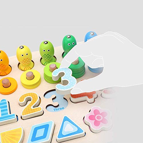 Wooden Number Puzzle Sorting Montessori Toys for Toddlers - Shape Sorter Game for age 3 4 5 6 year olds kids - Preschool Education Math Stacking Block - 5 In 1 Learning Wood Toys Jigsaw Board