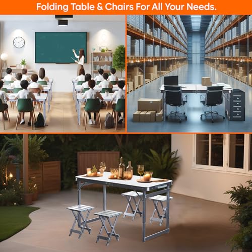 Image of Corvids 4 Feet Multipurpose Aluminium Folding Camping Table with 4 Aluminium Chairs & Carrying Handle | Height Adjustable Table for Picnic, Hiking, Garden, Outdoor & Indoor Use (White)