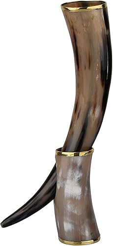 The Viking Cuerno de buey real con soporte hecho a mano vaso de cerveza vikingo borde de latón