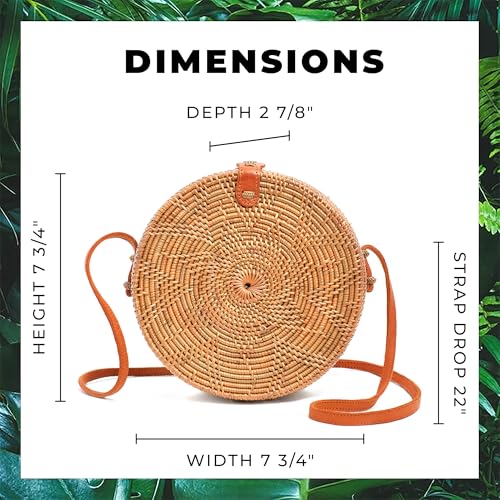 Image of Novum Crafts Round Rattan Bag for Women - Handmade Ata Wicker Woven Purse - Circle, Square, Oval Brown Straw Boho Bags