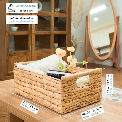 Vatima VN-BASKET-1-CHILD-L Hyacinth Large Wicker Basket 15.5X10.8X6.2 Inch - Rectangular, Wooden Handles, Shelf Organizer thumb #2