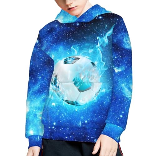 Boys Girls Hoodies 3D Printed Blue Fire Football Hooded Sweatshirts Casual Long Sleeve Galaxy Pullover with Pocket for 6-16 Years4