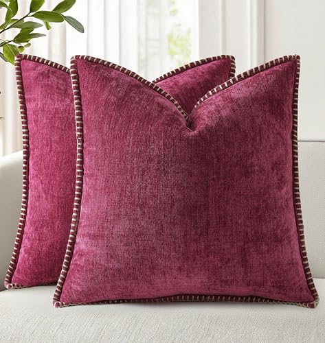 Image of decorUhome Fall Chenille Soft Cozy Throw Pillow Covers 16x16 Set of 2, Modern Farmhouse Boho Velvet Decorative Pillow Cases with Stitched Edge for Couch Sofa Bed Home Decor, Rhododendron