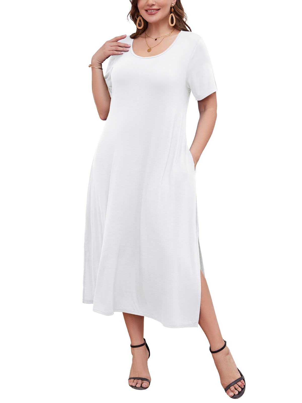 LARACE Plus Size Maxi Dress, Womens Short Sleeve T Shirt Dress with Pockets
