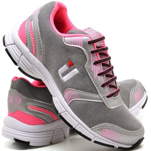 Tênis Esportivo Feminino Caminhada Treino Dança Super Macio Confortável (Cinza e Rosa, BR, Adulto, N