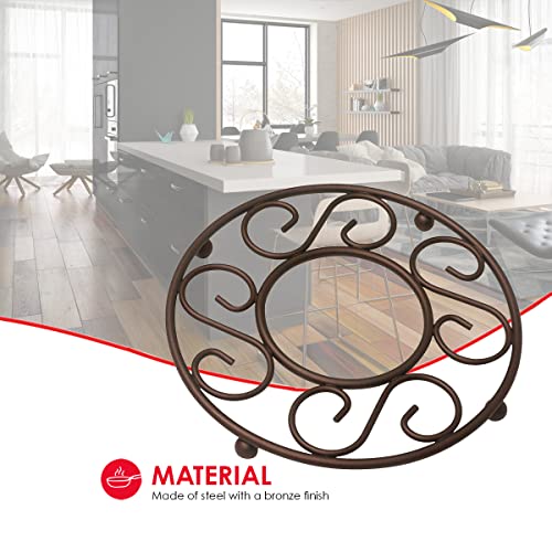 Home Basics Scroll Collection Steel Trivet For Hot Dishes, Pots And Pans, Round Design, For Kitchen & Dinning Table, Bronze #TOP2