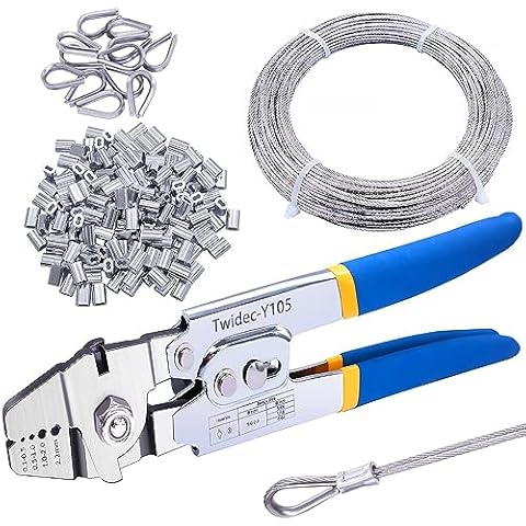 Twidec/Wire Rope Crimping Tool Up To 2.2mm Swaging Tool With 160PCS 1/16''Aluminum Crimping Loop Sleeve And 66FT 1/16'' 304 stainless steel Wire Rope 12PCS Wire Rope Thimbles Kit Cover