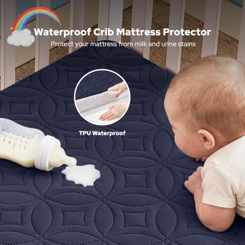 Image of Waterproof Crib Mattress Protector 2 Pack, Soft and Breathable Crib Mattress Pad Cover, Noiseless Machine Washable Toddler Mattress Protector for Standard Baby Toddler Bed (52''x28'',Navy Blue)