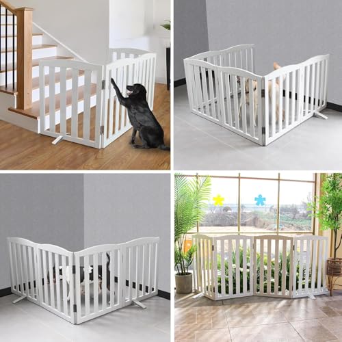Image of Freestanding Pet Gate, Folding Safety Fence Wooden Kids & Dog Gate with 2PCS Support Feet Ideal for Stairs, Doorways, Halls, Kitchens, Indoors Gates, 24 inch(60 Cm), White (6 Panel)