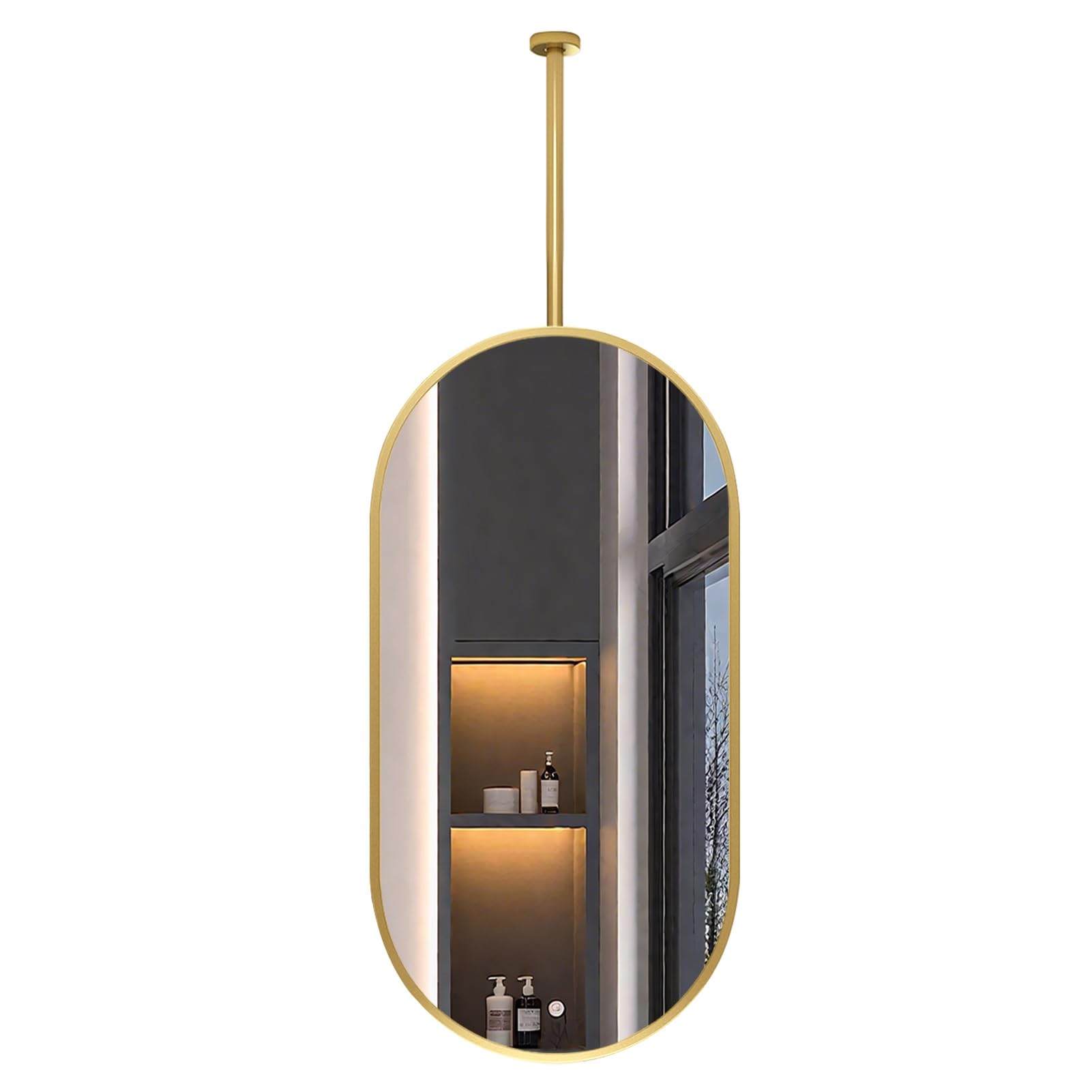 GLJTUO Bathroom Wall Mirror with Gold Metal Frame and Ceiling Hanging Rod, Home or Hotel Floating Vanity Makeup Decorative for Living Room Hallway, Oval Glass Mirror,size_name-40cmx70cm