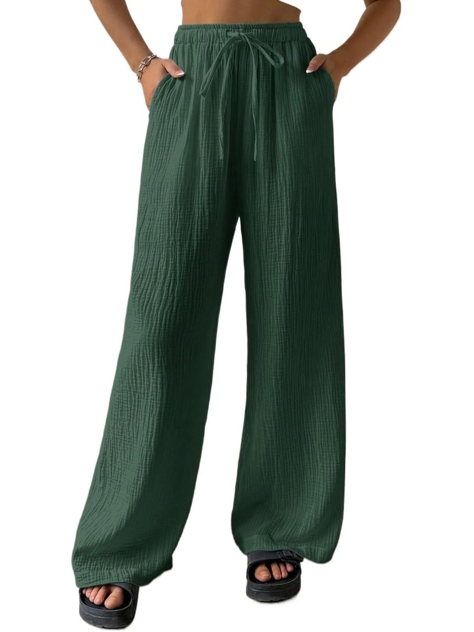 Womens Fall Casual Solid Color Loose Pants Wide Leg Trousers